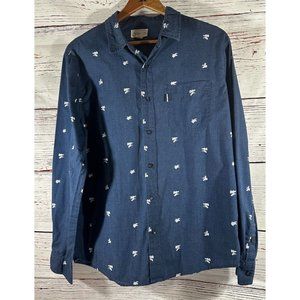 Walker Refinery Shirt Moose Print Mens Medium Button Up Long Sleeve Blue Animal